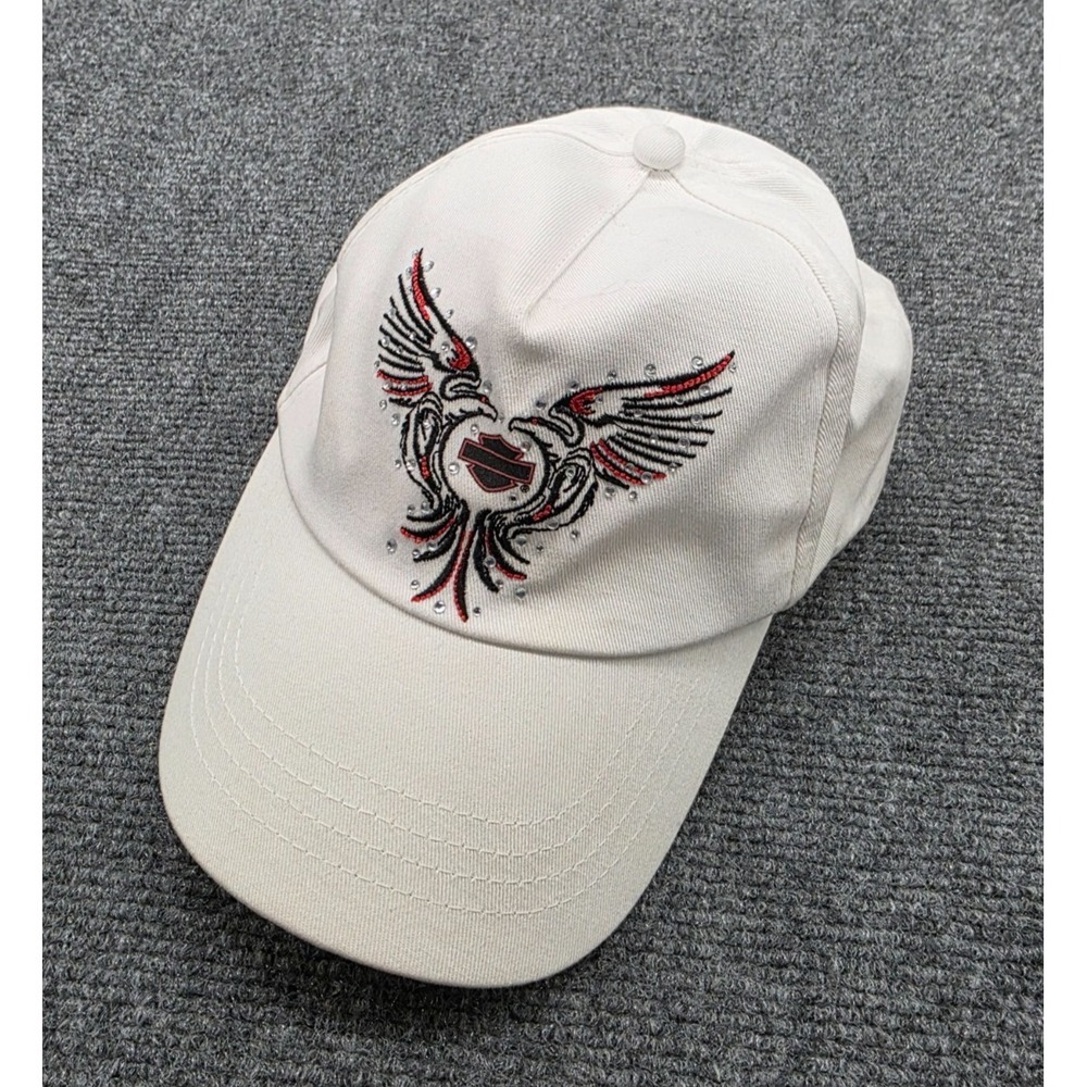 Harley Davidson White Adjustable Hat Winged Logo Rhinestone Embroidered Hat Cap